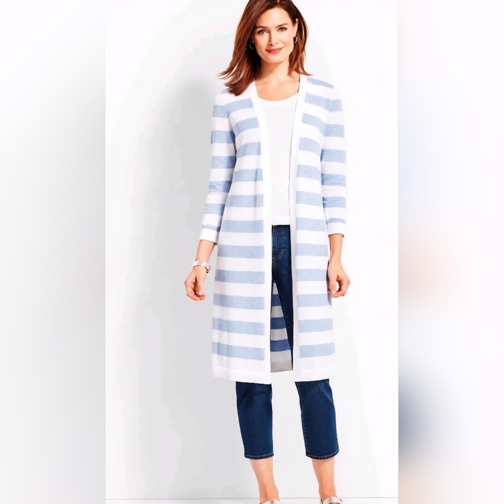 Talbots Blue And White Womens Pima Cotton Open Sweater Medium Petite NEW